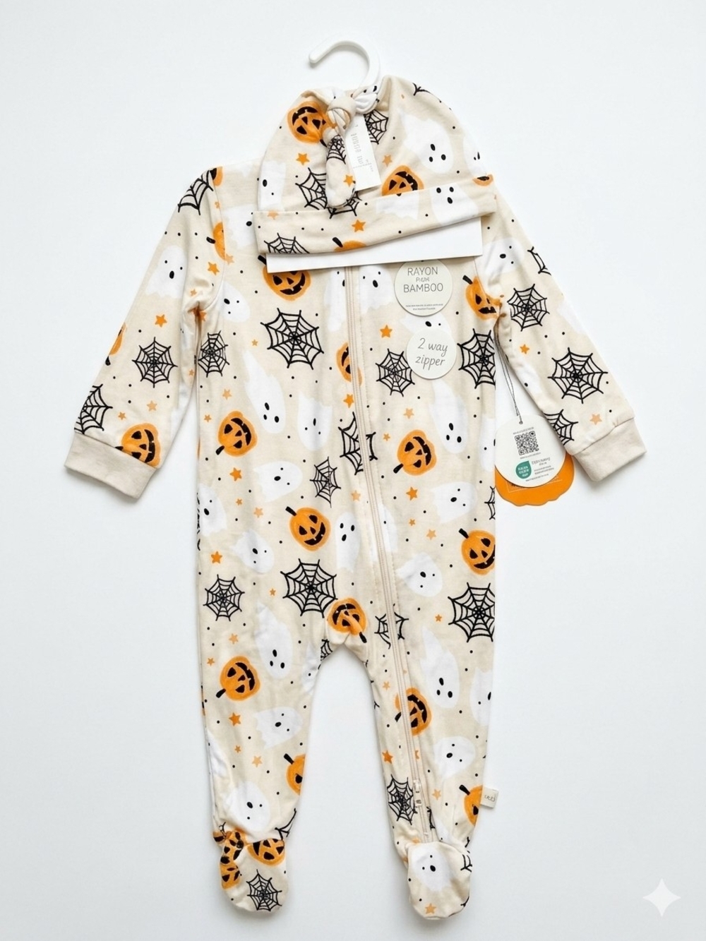 NWT Milkberry Halloween Bamboo Footie Sleeper & Hat Set - Pumpkins & Ghosts 6-9M